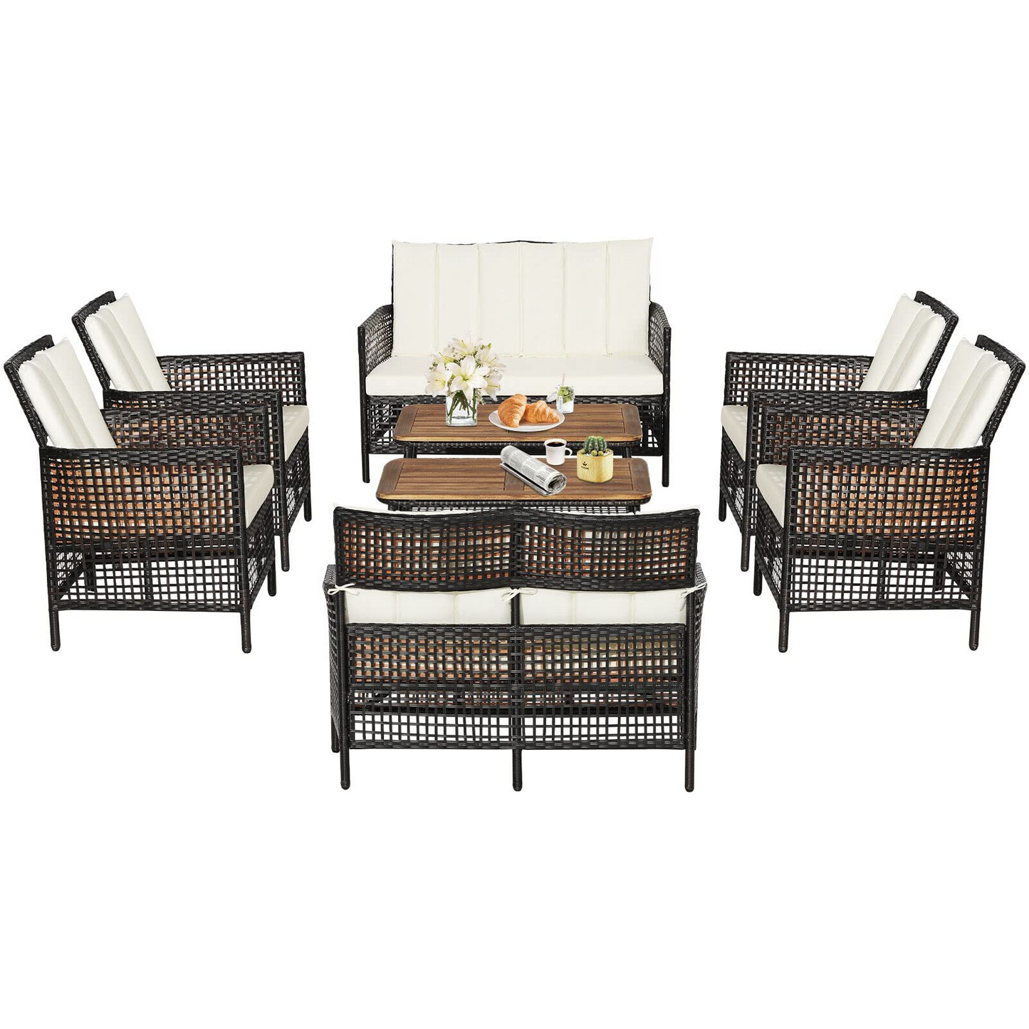 Tangkula Outdoor PE Wicker Conversation Set with 2-Tier Coffee Table - HW70242WH+