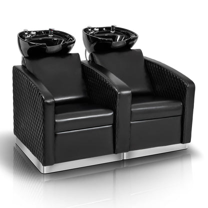 OmySalon BU1911 2-Seater Shampoo Bowl and Chair Backwash Unit with 2 Large Ceramic Sinks & Stainless Steel Base -   G59000784