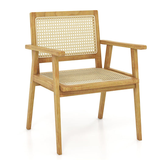Tangkula Outdoor Wood Chair, Teak Wood Armchair with Rattan Seat & Back - JV11366