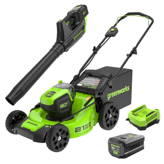 Greenworks 80V 21" Cordless Battery Brushless 3-in-1 Push Mower & 500CFM Axial Leaf Blower w/(2) 2.0Ah Batteries and Rapid Charger -1356602