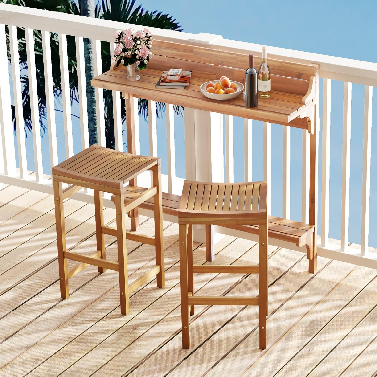 Tangkula Acacia Wood Balcony Table Set - 2*HW72357