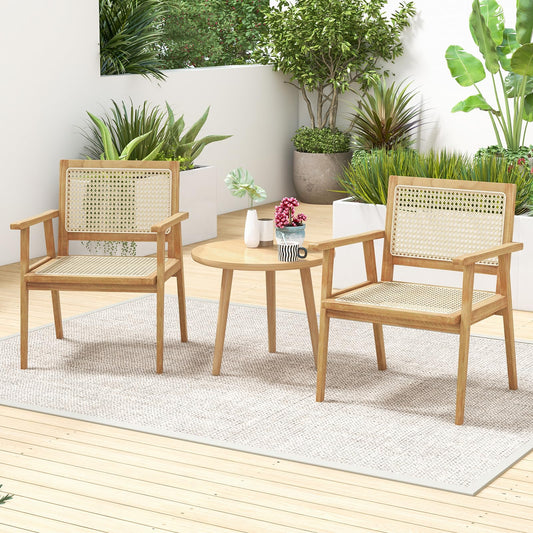 Tangkula Outdoor Wood Chair, Teak Wood Armchair with Rattan Seat & Back - JV11366