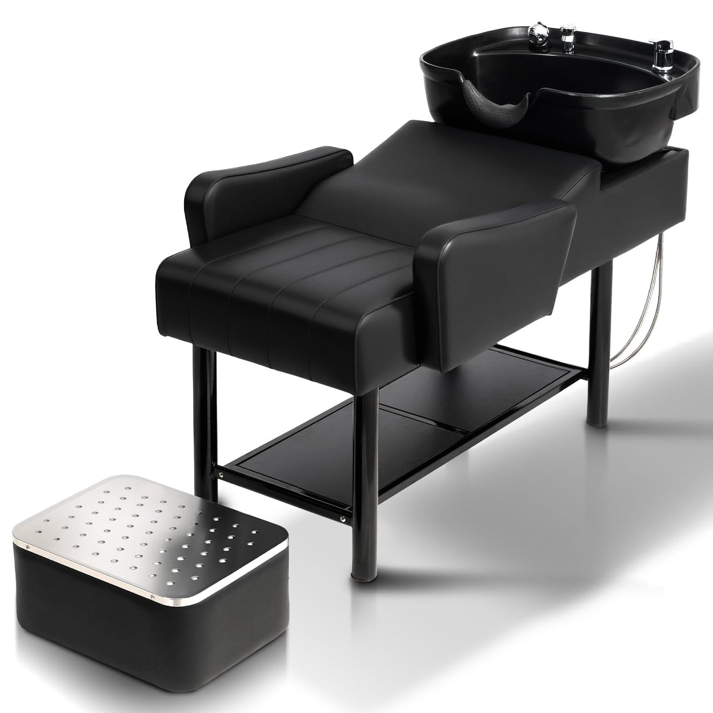 OmySalon BU2501 Salon Shampoo Backwash Unit with ABS Plastic Bowl & Storage Shelf & Freestanding Ottoman - G59000924