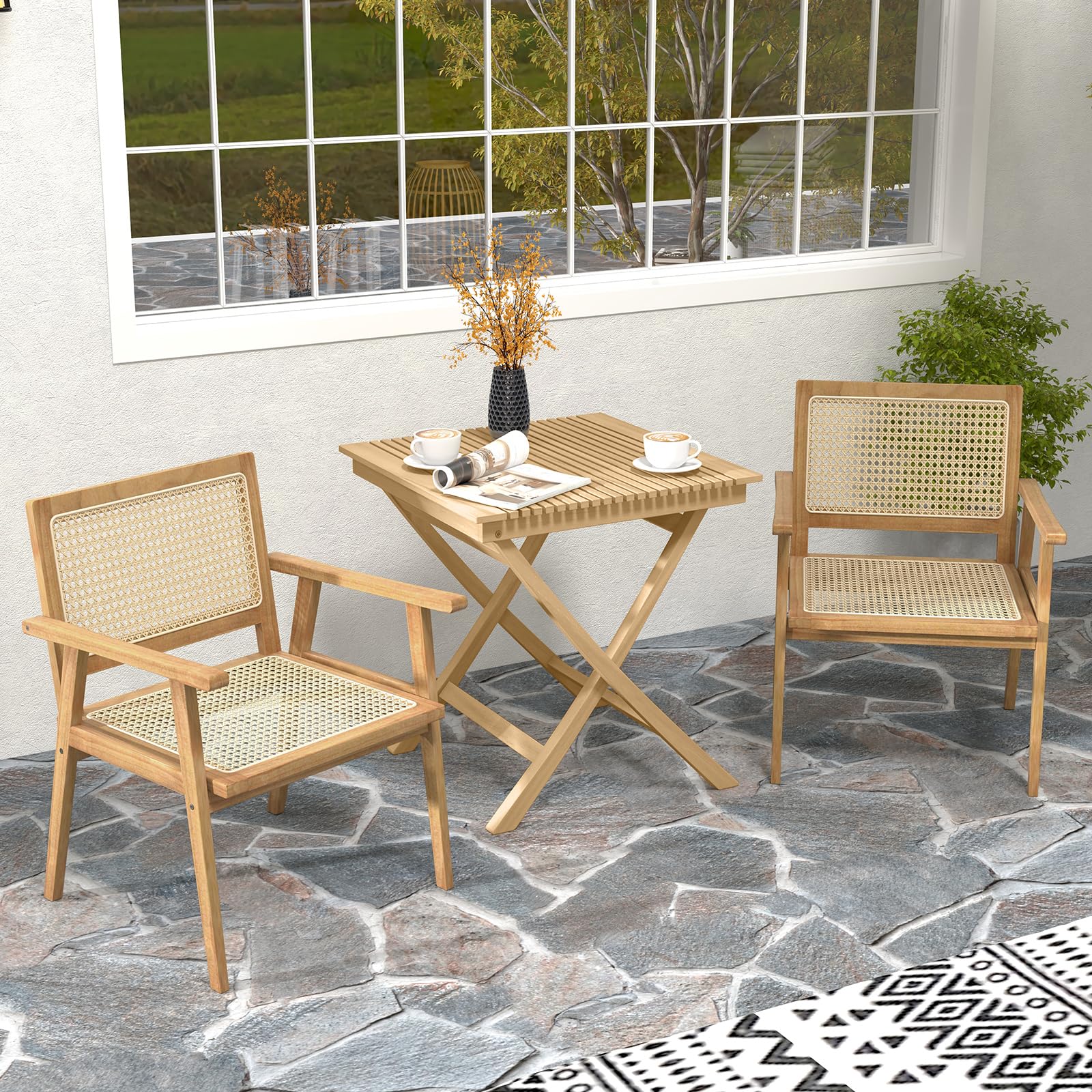 Tangkula Patio Bistro Table Chair Set - JV11352+2*JV11366