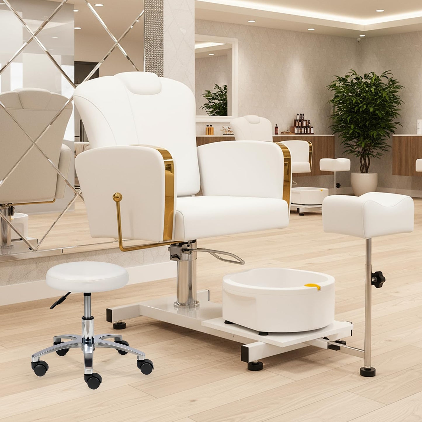 OmySalon PCM-WB 360° Rotation Hydraulic Pedicure Chair with Bubble Foot Bath & Rolling Stool - G59001133
