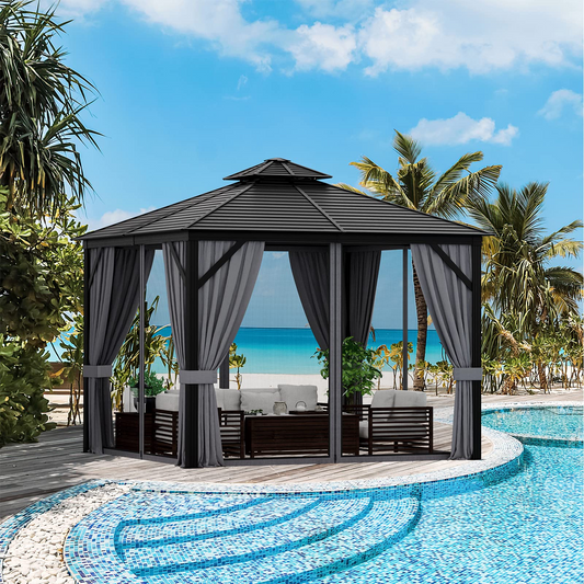 Tangkula 10x10 Ft Hardtop Gazebo, Double-Top Outdoor Gazebo with Galvanized Steel Roof - NP10590GR+