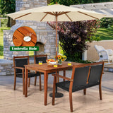 Tangkula 4 Pieces Patio Dining Set, Patiojoy Outdoor PE Rattan & Acacia Wood Dining Table Set with Umbrella Hole - HW67678+