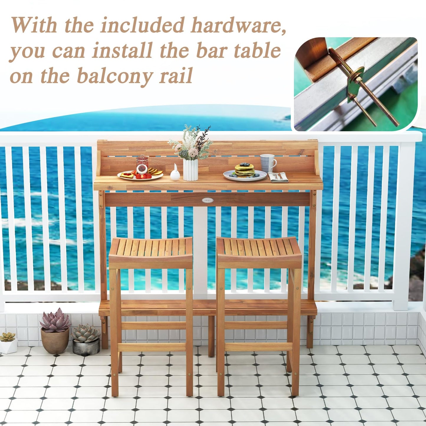 Tangkula Acacia Wood Balcony Table Set - 2*HW72357