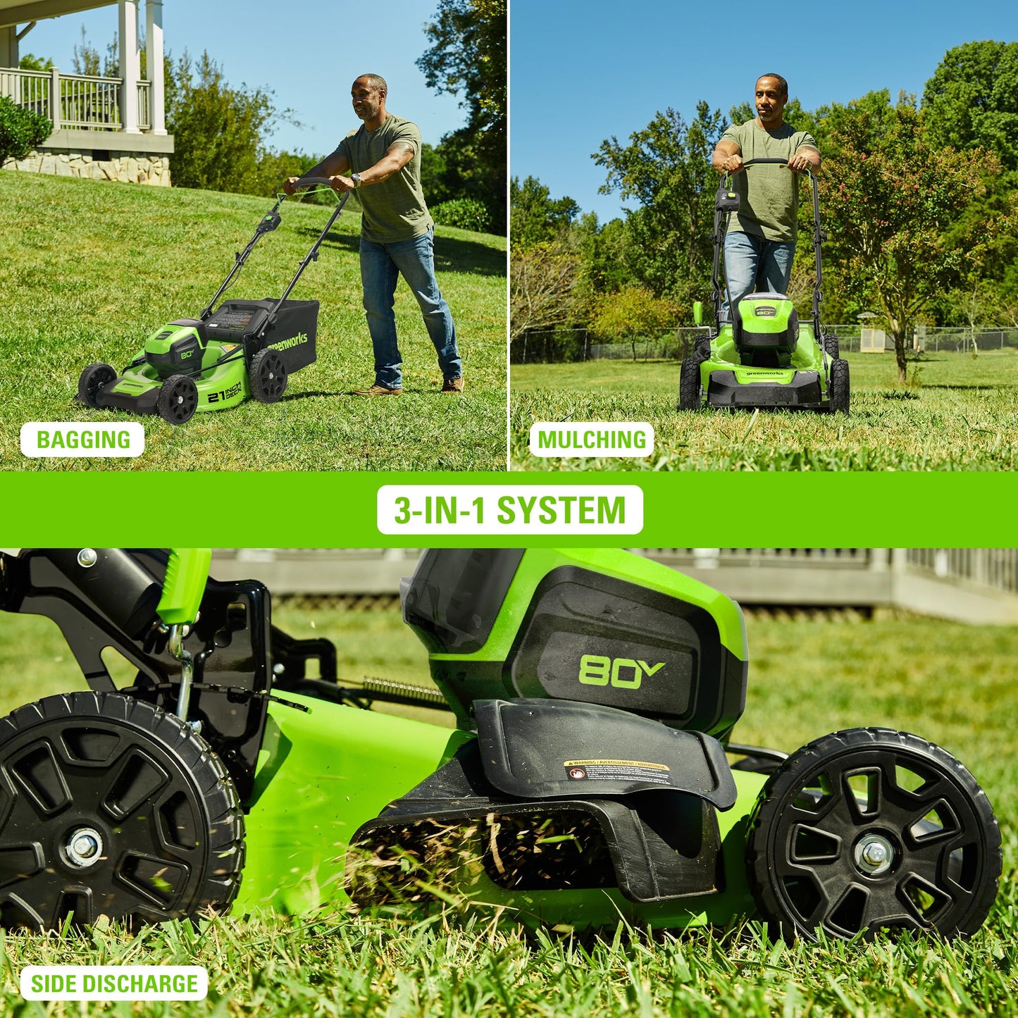 Greenworks 80V 21" Cordless Battery Brushless 3-in-1 Push Mower & 500CFM Axial Leaf Blower w/(2) 2.0Ah Batteries and Rapid Charger -1356602