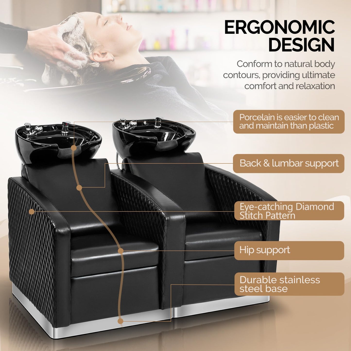 OmySalon BU1911 2-Seater Shampoo Bowl and Chair Backwash Unit with 2 Large Ceramic Sinks & Stainless Steel Base -   G59000784
