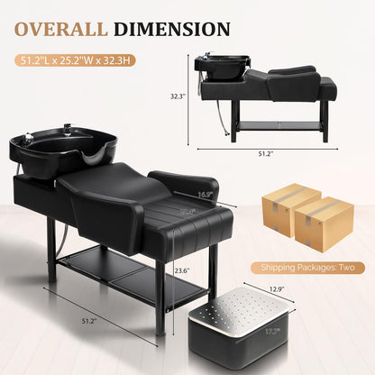 OmySalon BU2501 Salon Shampoo Backwash Unit with ABS Plastic Bowl & Storage Shelf & Freestanding Ottoman - G59000924
