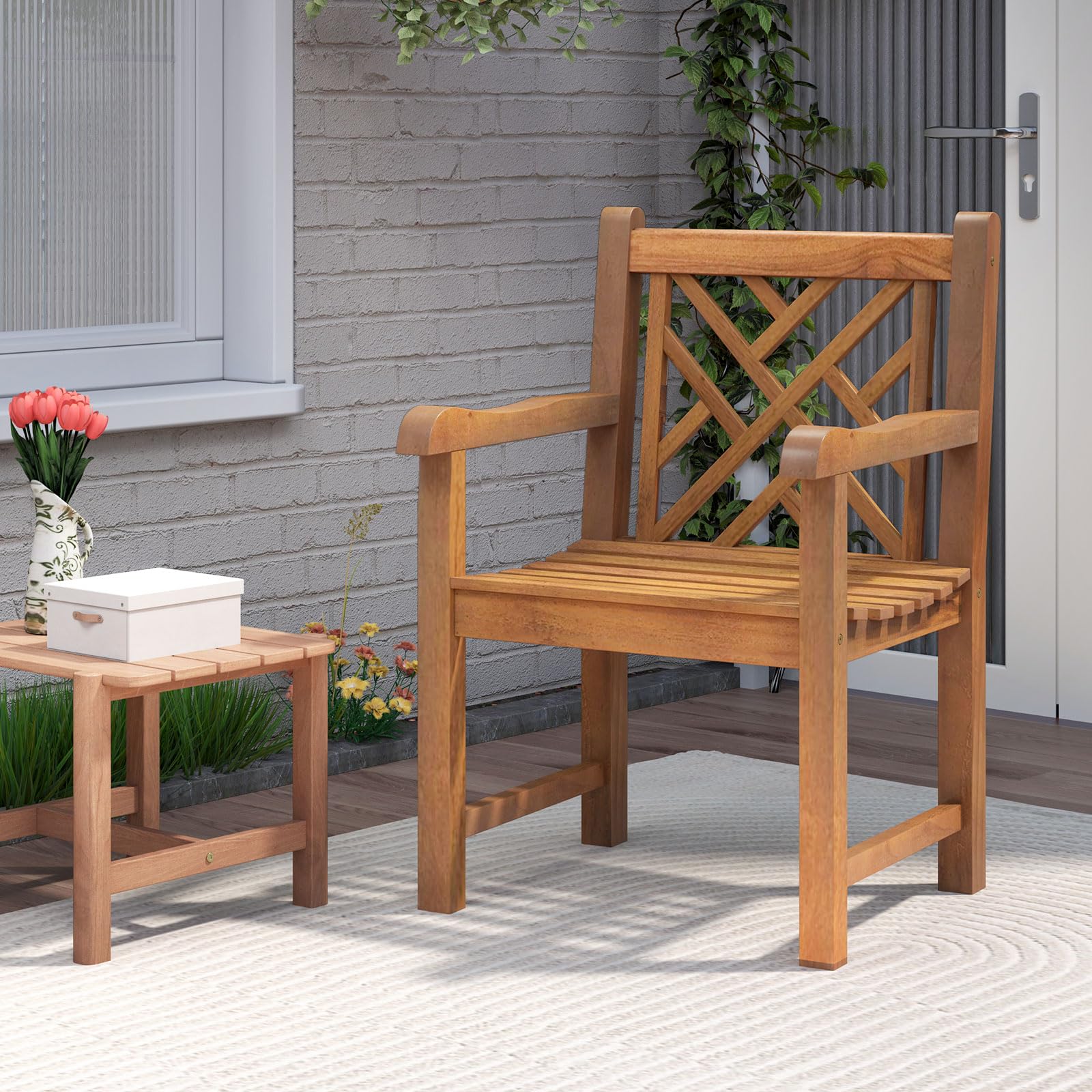 Tangkula Teak Wood Patio Dining Chair - 2*JV12157