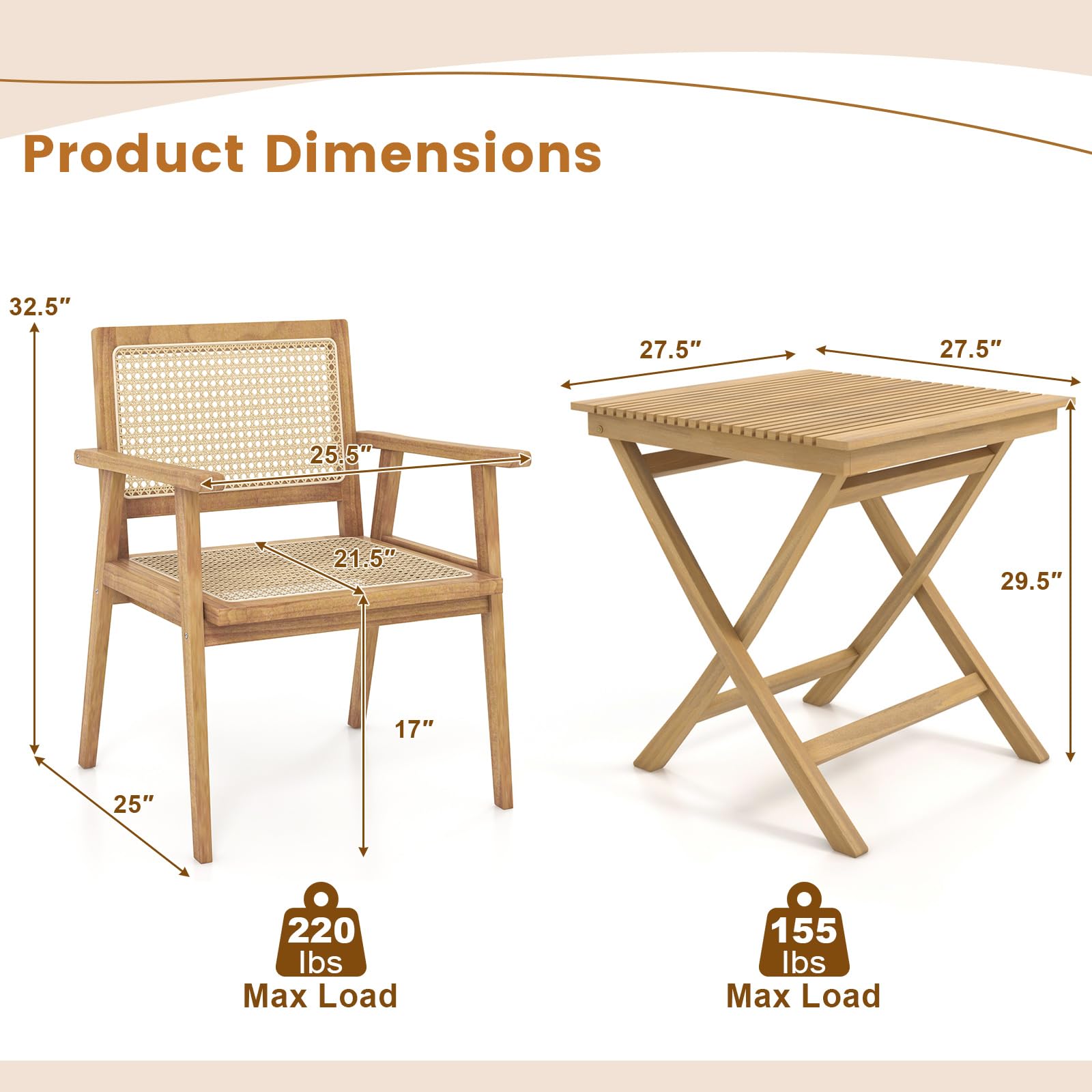 Tangkula Patio Bistro Table Chair Set - JV11352+2*JV11366