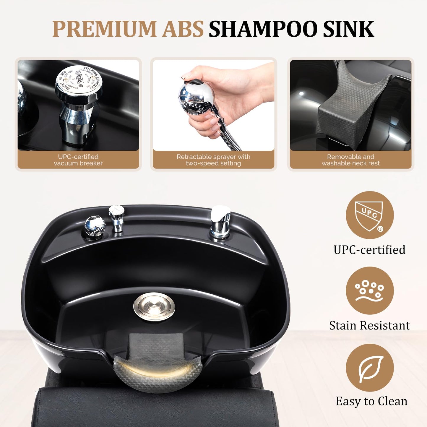 OmySalon BU2501 Salon Shampoo Backwash Unit with ABS Plastic Bowl & Storage Shelf & Freestanding Ottoman - G59000924