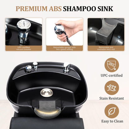 OmySalon BU2501 Salon Shampoo Backwash Unit with ABS Plastic Bowl & Storage Shelf & Freestanding Ottoman - G59000924