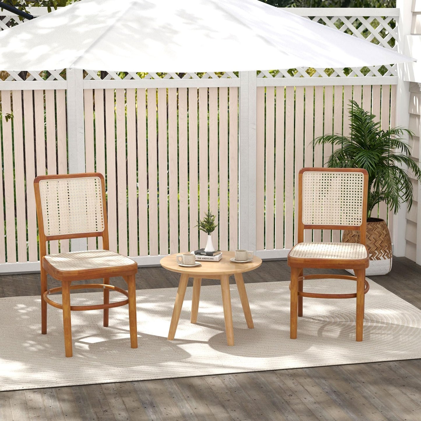 Tangkula Boho Dining Chairs, Natural Rattan Living Room Chairs with Teak Wood Structure & Footrests - JV11895