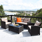 Tangkula 4-Piece Patio Furniture Set, Rattan Wicker Chair Set with 1 Loveseat, 2 Single Sofas - HW63217+