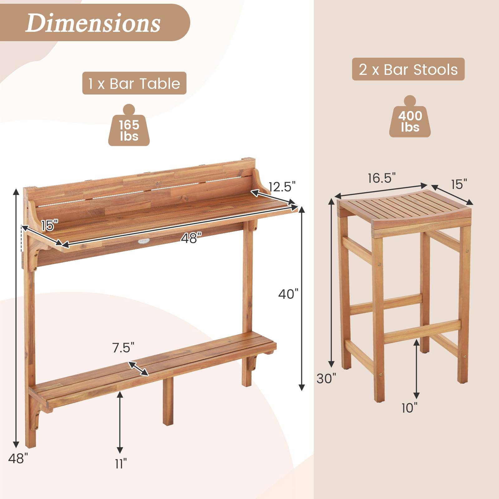 Tangkula Acacia Wood Balcony Table Set - 2*HW72357