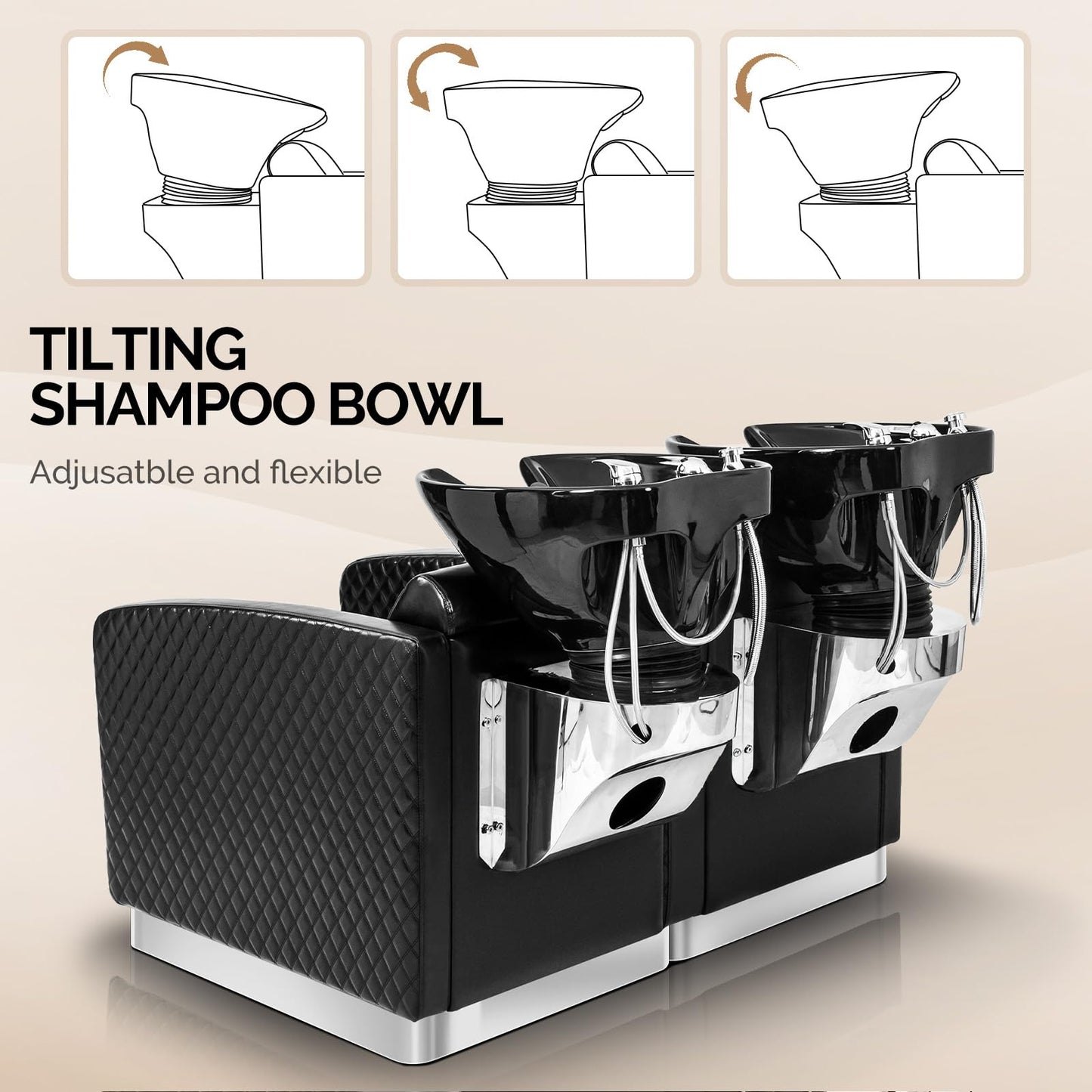 OmySalon BU1911 2-Seater Shampoo Bowl and Chair Backwash Unit with 2 Large Ceramic Sinks & Stainless Steel Base -   G59000784