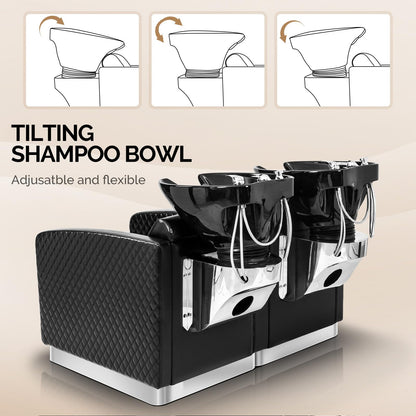 OmySalon BU1911 2-Seater Shampoo Bowl and Chair Backwash Unit with 2 Large Ceramic Sinks & Stainless Steel Base -   G59000784
