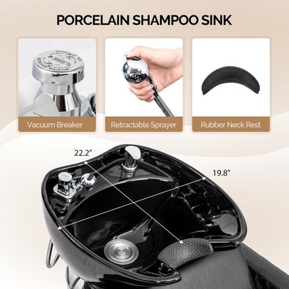 OmySalon BU1911 2-Seater Shampoo Bowl and Chair Backwash Unit with 2 Large Ceramic Sinks & Stainless Steel Base -   G59000784