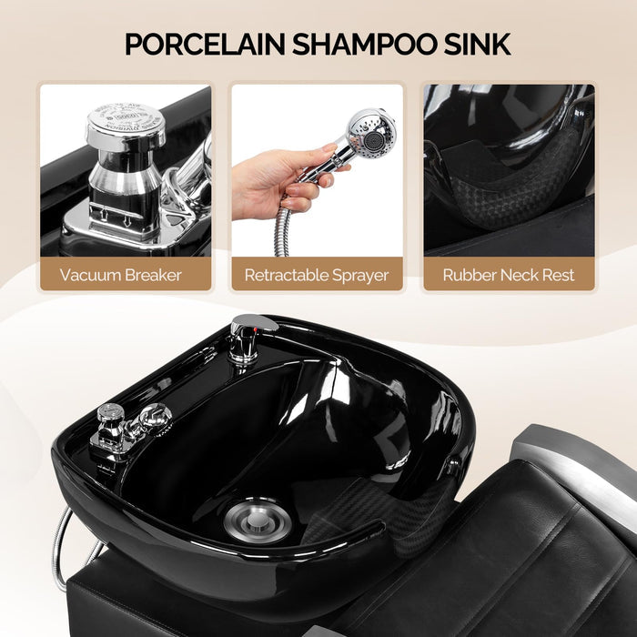 OmySalon BU1501 Salon Shampoo Bowl and Chair Backwash Unit with Ceramic Wash Bowl & Adjustable Footrest - G59000660+G59000655+G59000656