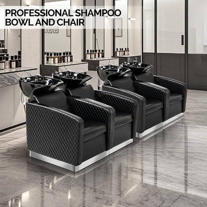 OmySalon BU1911 2-Seater Shampoo Bowl and Chair Backwash Unit with 2 Large Ceramic Sinks & Stainless Steel Base -   G59000784