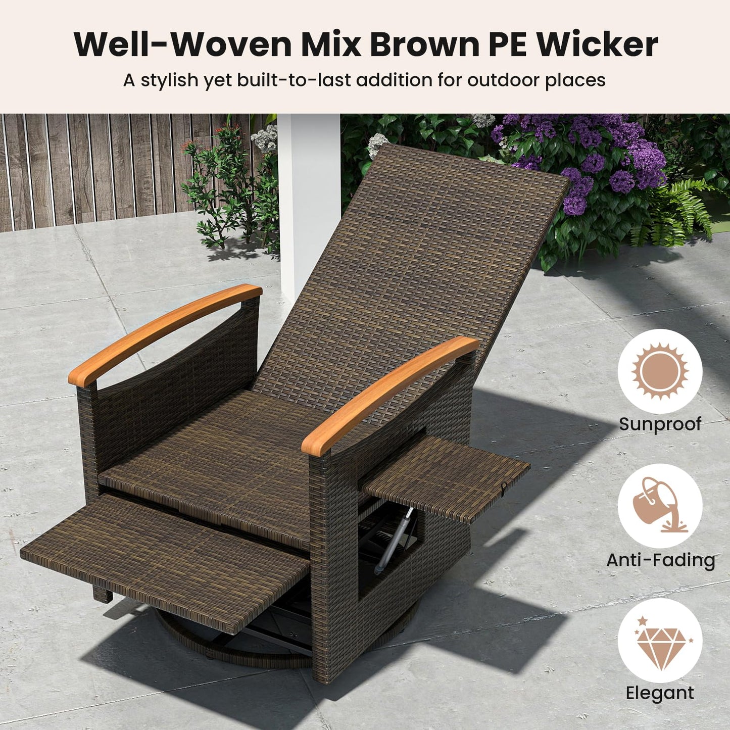 Tangkula Patio Rattan 360 Degree Swivel Recliner Chair, Wicker Lounge Chair w/Adjustable Backrest &amp; Footrest - HW72726BN