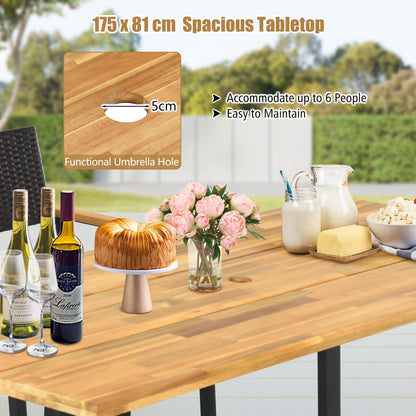 Tangkula Patio Rattan Dining Set, Acacia Wood Tabletop w/Umbrella Hole - HW70830-4+HW70840