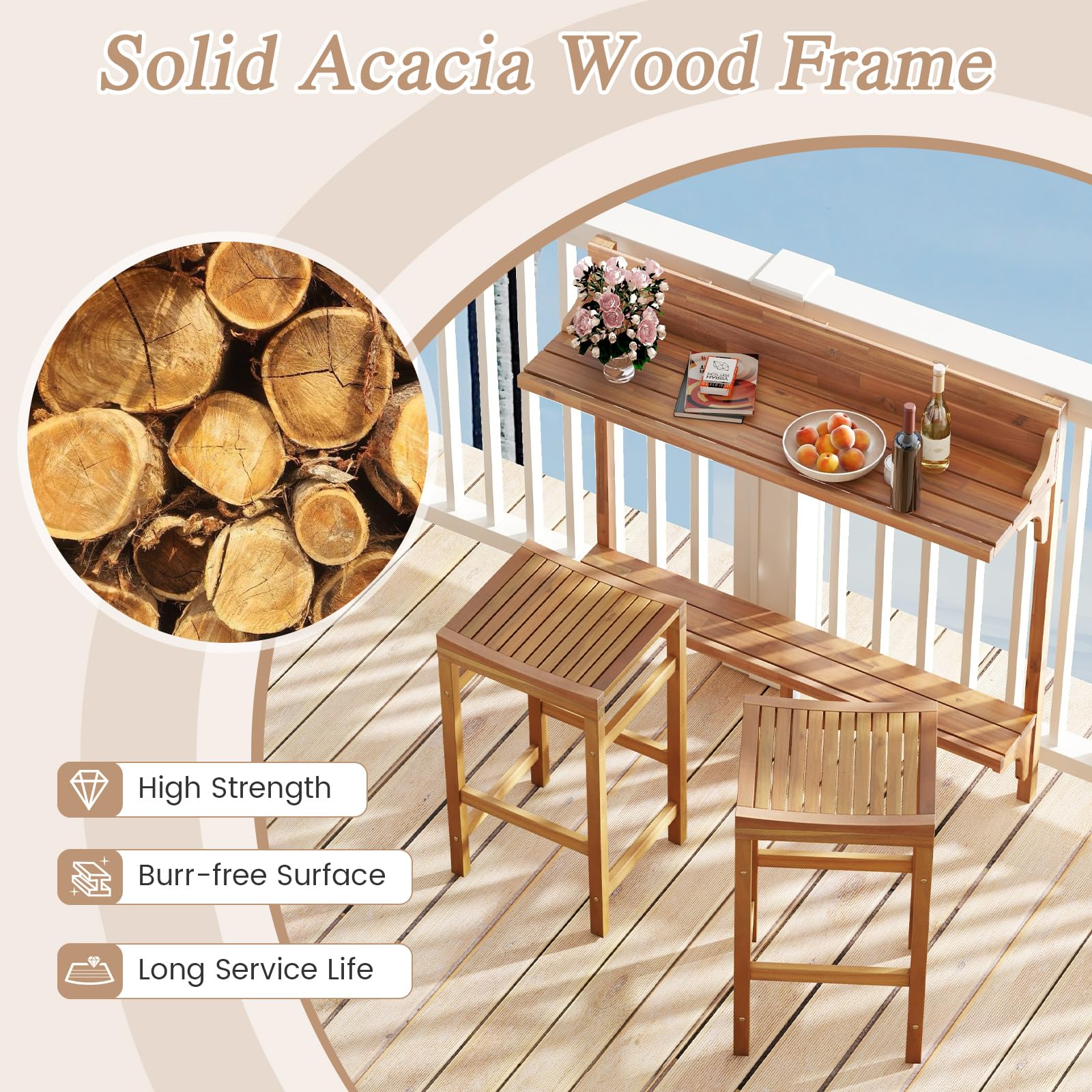 Tangkula Acacia Wood Balcony Table Set - 2*HW72357