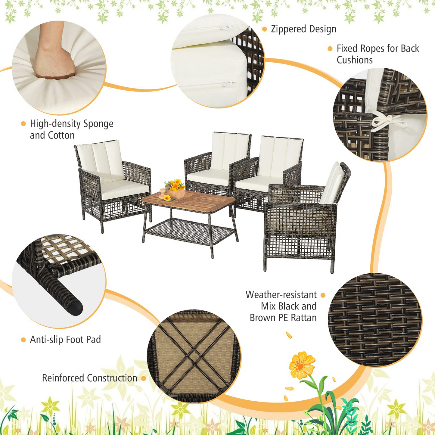 Tangkula Patio Furniture Set with 2-Tier Coffee Table - 2*HW70243WH+