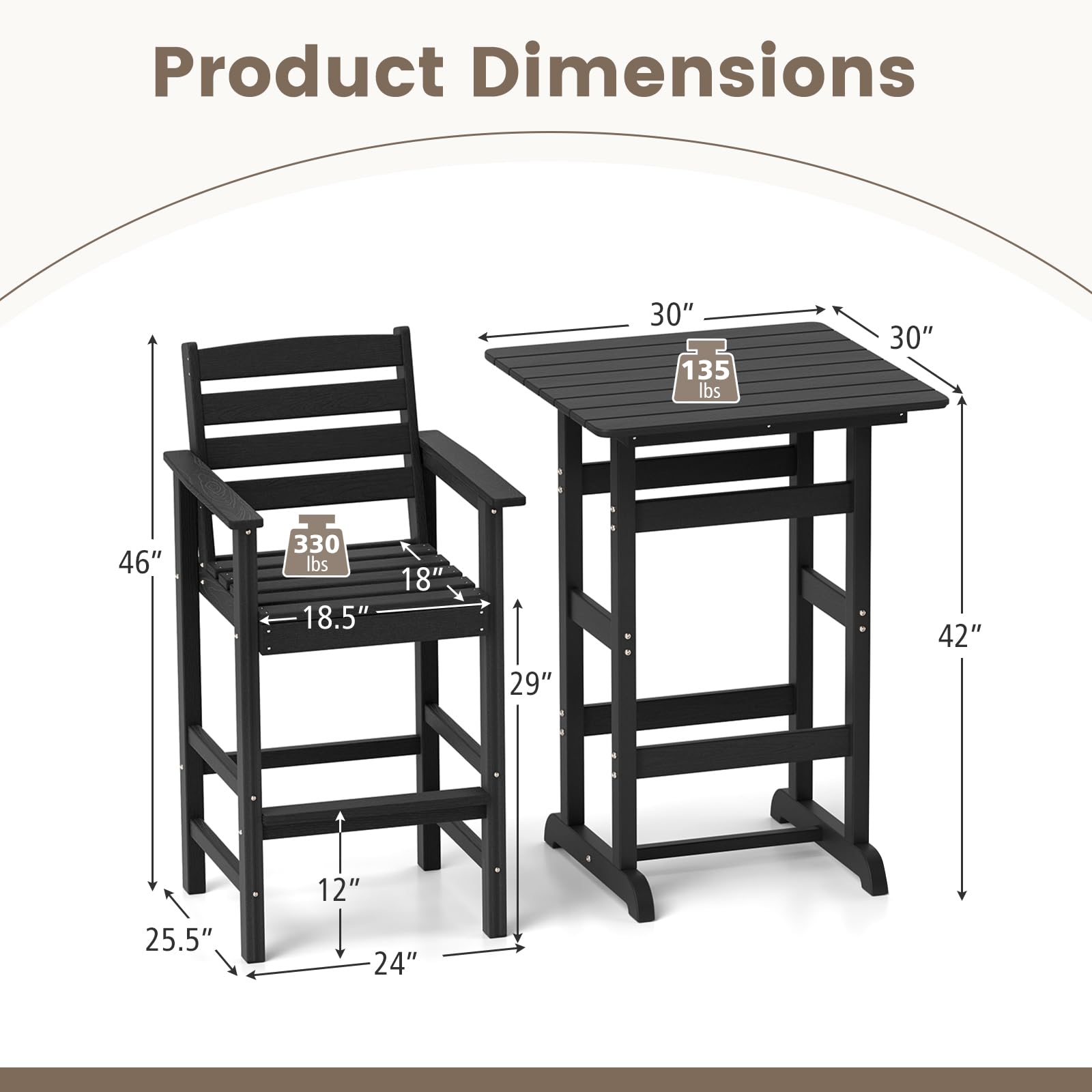 Tangkula 3-Piece Patio HDPE Bar Set - NP12060DK+NP12059DK