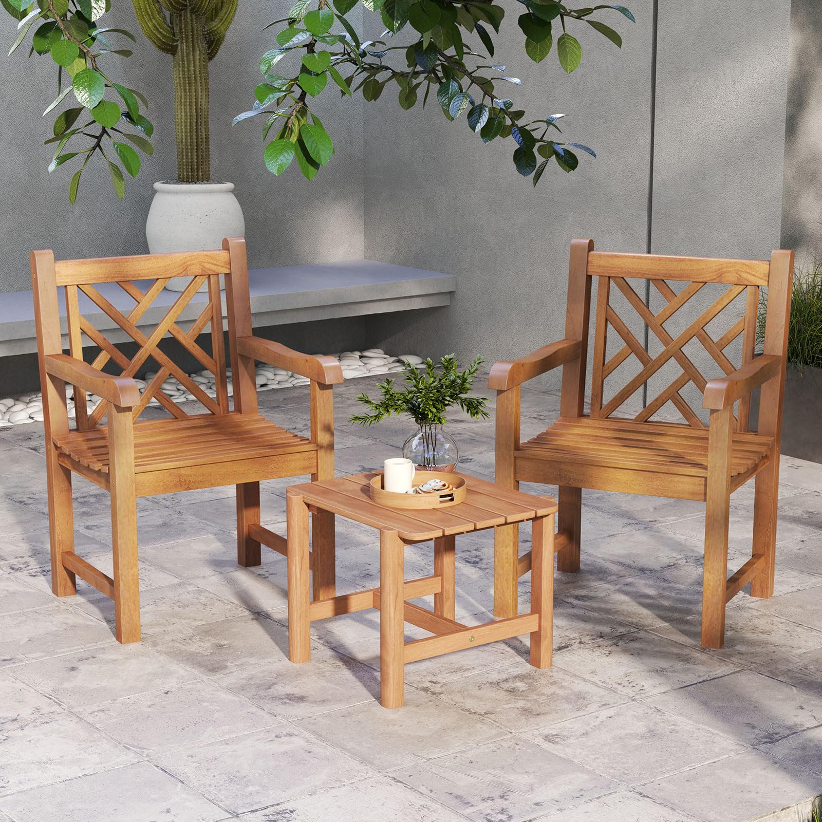 Tangkula Teak Wood Patio Dining Chair - 2*JV12157