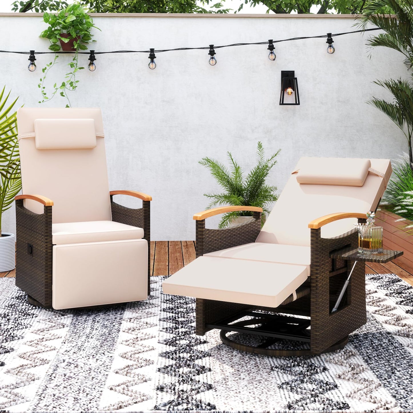 Tangkula Patio Rattan 360 Degree Swivel Recliner Chair, Wicker Lounge Chair w/Adjustable Backrest & Footrest - 2*HW72726BN