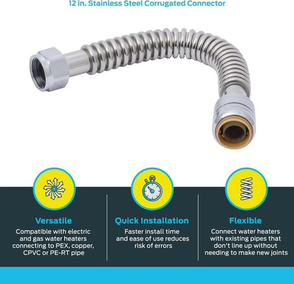 GE SharkBite 12-in 3/4-in Push-to-Connect Inlet x 3/4-in FIP Outlet Corrugated Stainless Steel Water Heater Connector - SS3088FLEX12LF