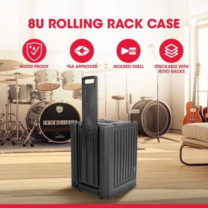 SKB 8U rSeries Shallow Rolling Rack with Integrated Back Wheels and Pull Handle - 420936