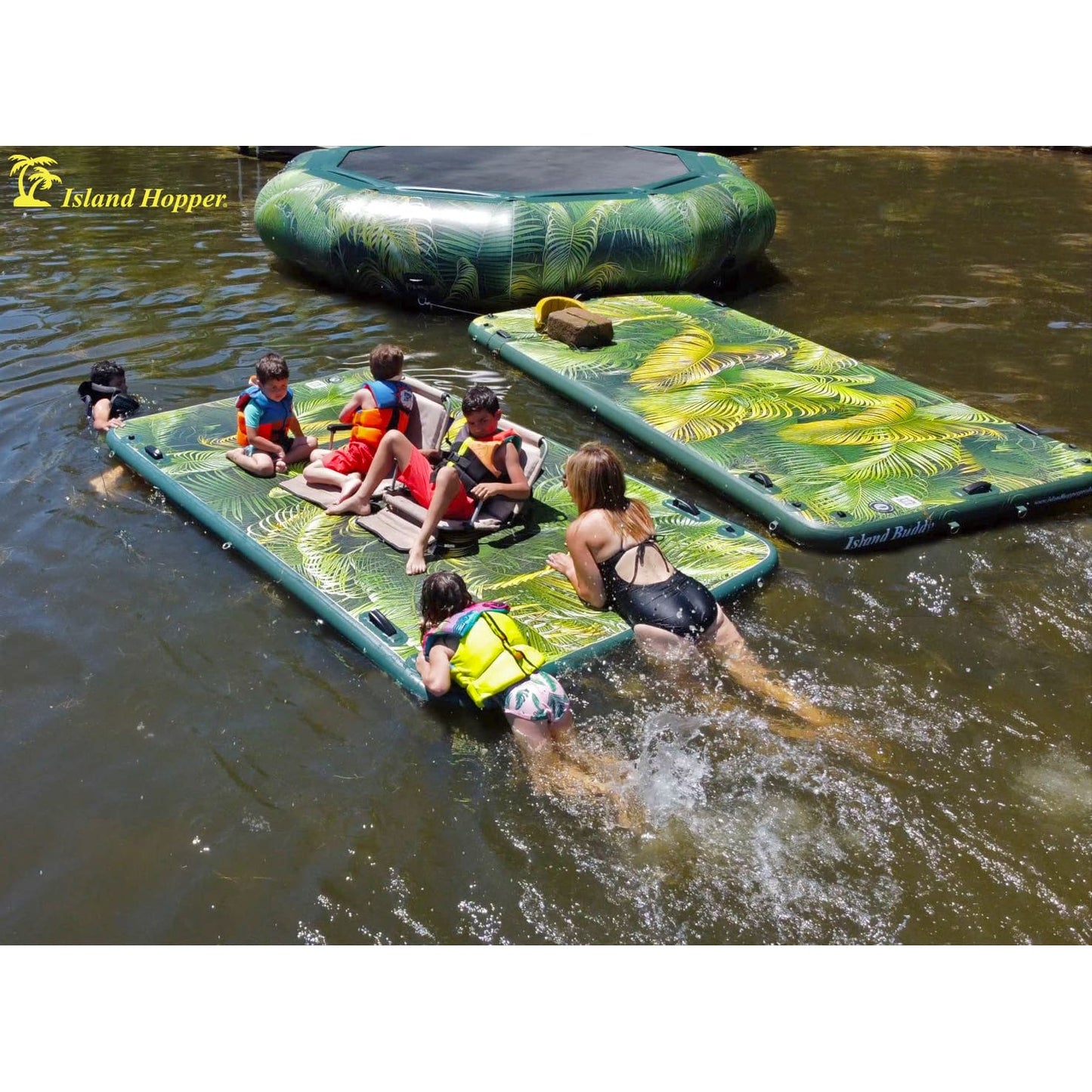 Island Hopper 10′ Lakeside Topical Graphic Series Inflatable Floating Dock and Bouncer Slide - LKS-BUDDY-10