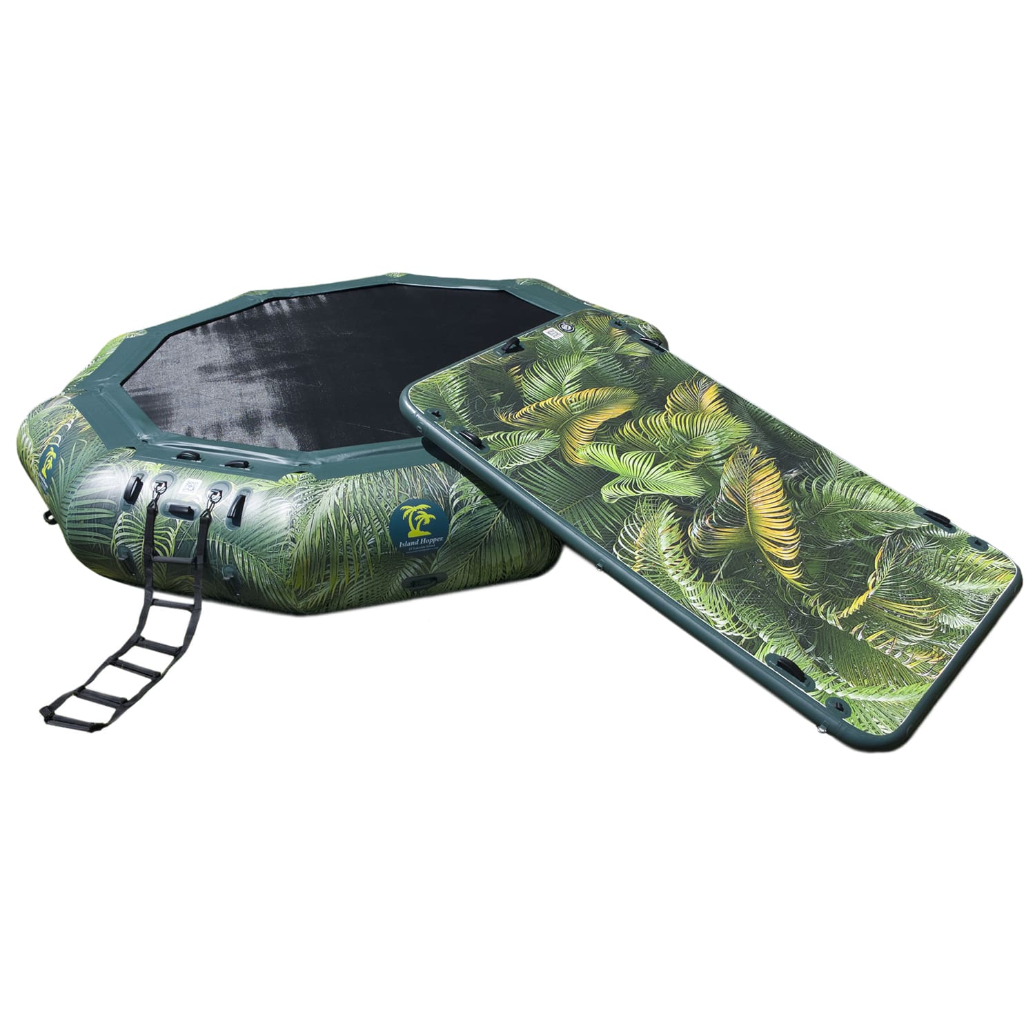 Island Hopper 15’ Water Bouncer Lakeside Water Park with 1 Lakeside Platform/Slide