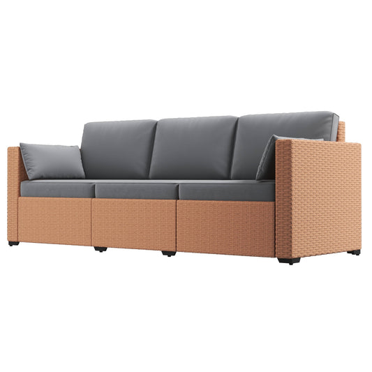 Outsunny 3-Seater PE Wicker Deep Seating Sofa with Removable Cushions, Sand - 860-308V00SD
