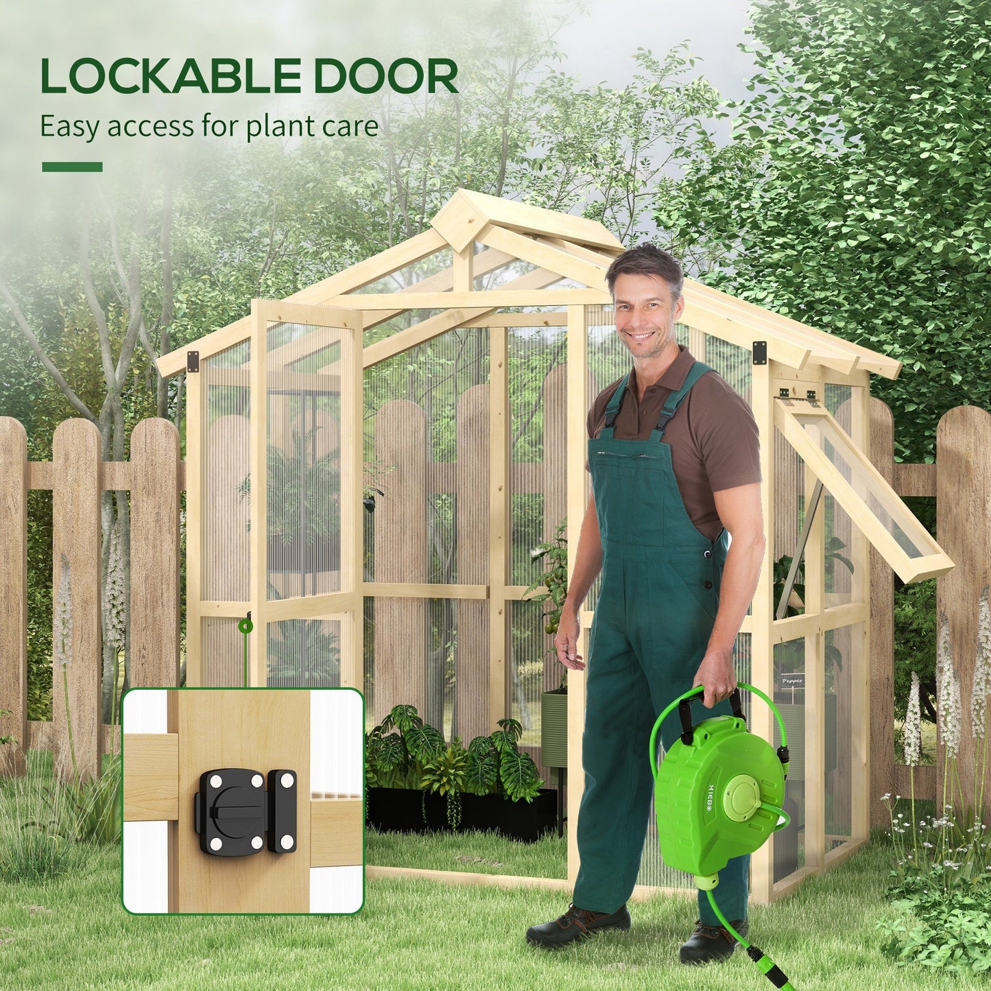 Outsunny 6.5' x 4' x 6.7' Outdoor Greenhouse with Wood Frame, Automatic Temperature Window and Lockable Door - 84H-020V00ND