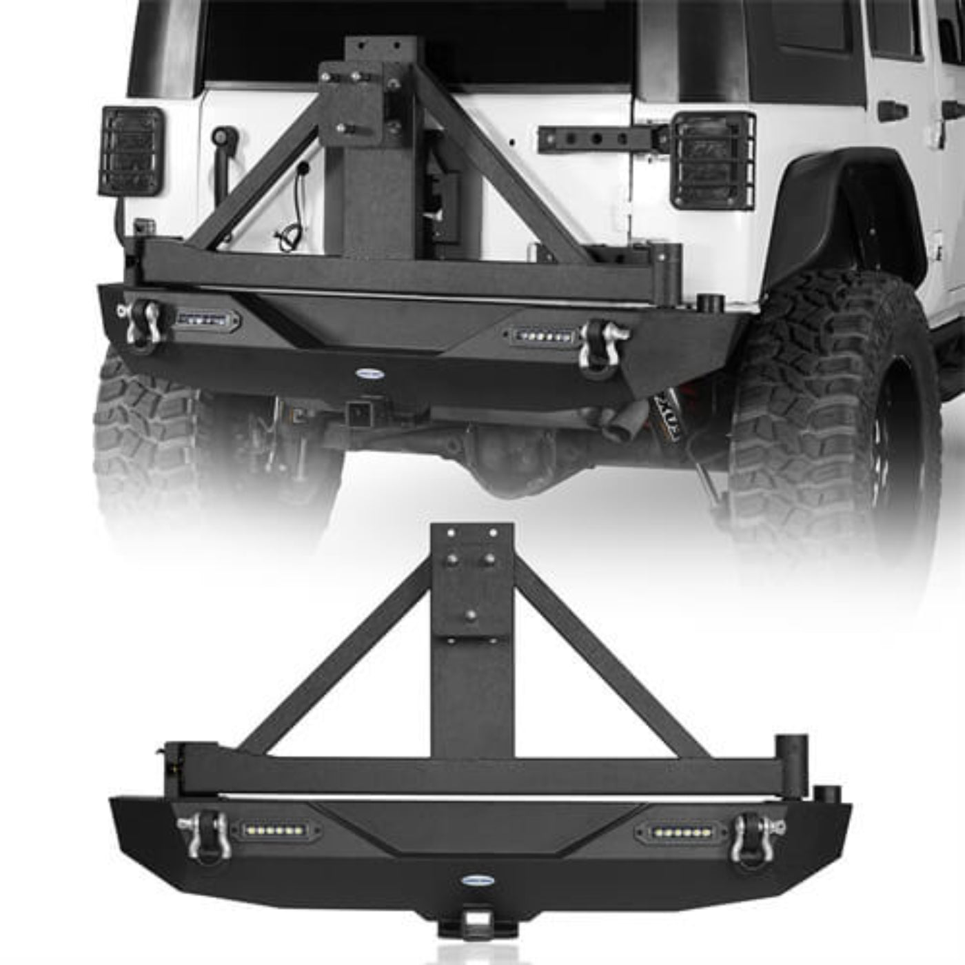 Hooke Road JK Explorer Rear Bumper w/Tire Carrier & 2 Inch Hitch Receiver(07-18 Jeep Wrangler JK) - HE.2029A+HE.2029B
