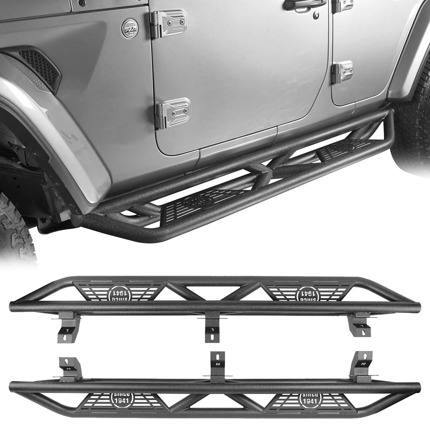 Hooke Road Tube Side Steps Running Boards w/"SINCE 1941" Logo(18-25 Jeep Wrangler JL 4 Door) - HE.3006-1