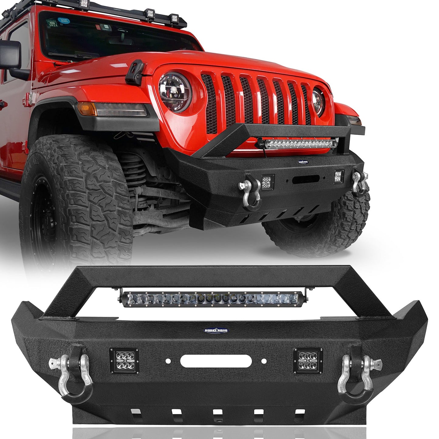 Hooke Road Rock Crawler Stubby Front Bumper w/LED Spotlight Bar(18-25 Jeep Wrangler JL & 20-25 Gladiator JT) - 31HE.30