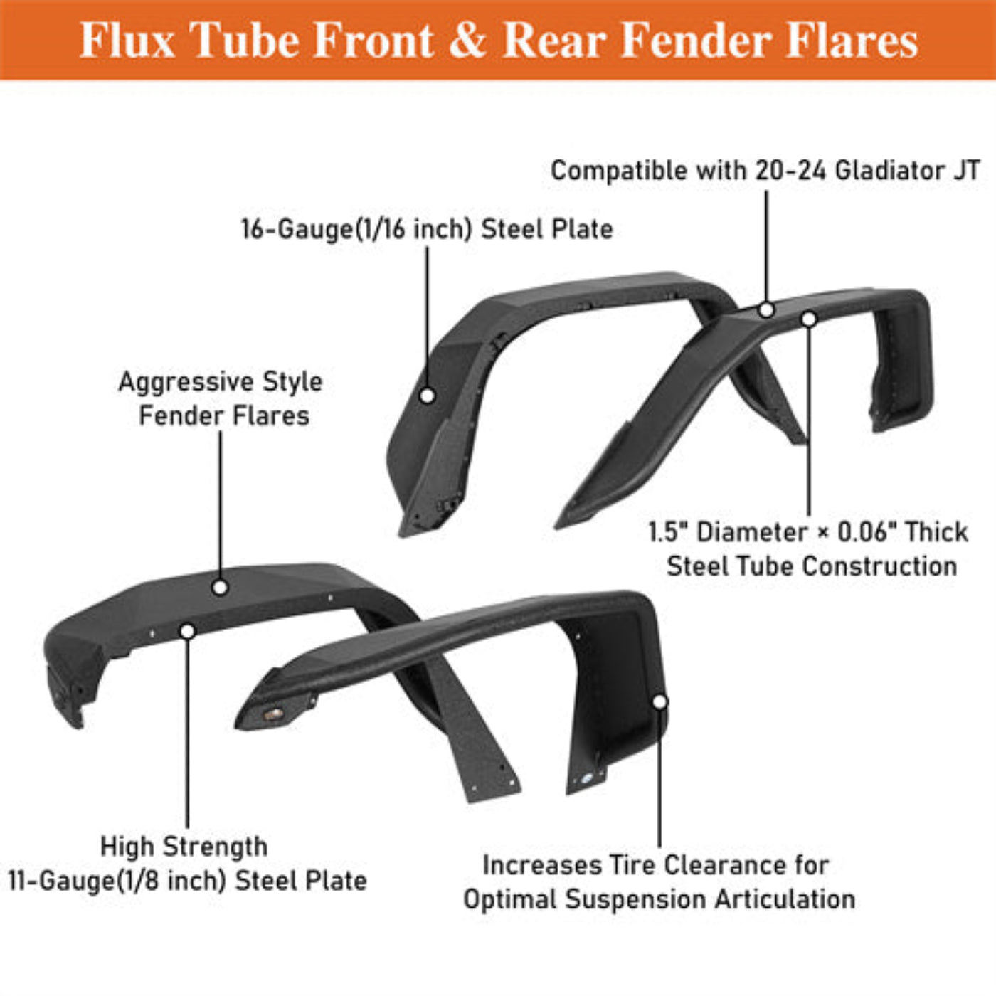 Hooke Road Flux Tube Fender Flares (20-25 Jeep Gladiator JT) - HE.7021A+HE.7021B
