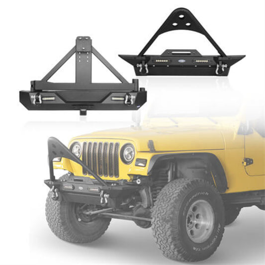 Hooke Road Stubby Front Bumper & Rear Bumper w/Tire Carrier Combo(87-06 Jeep Wrangler TJ Wrangler YJ) - HE.1013A+HE.1013B+HE.1010A+HE.1010B