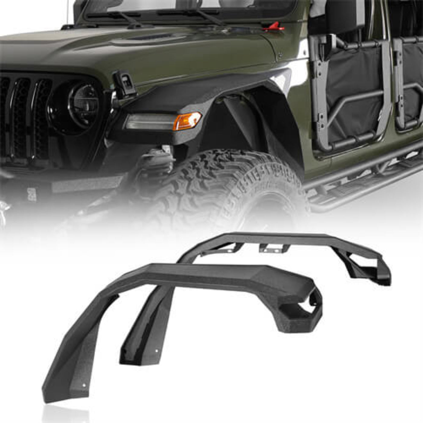 Hooke Road 18-25 Jeep Wrangler JL & Gladiator JT Wide Flat Front Fender Flares (Excluding Sport, Sport S Model)  - HE.7015-S