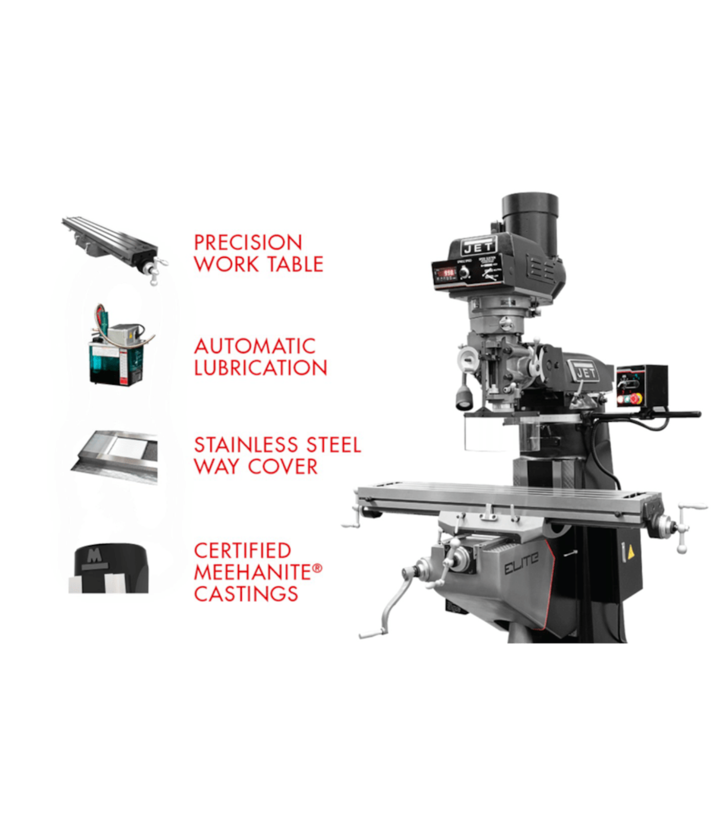 JET Elite ETM-949 Mill with X, Y, Z-Axis JET Powerfeeds and USA Made Air Draw Bar - JT9-894108