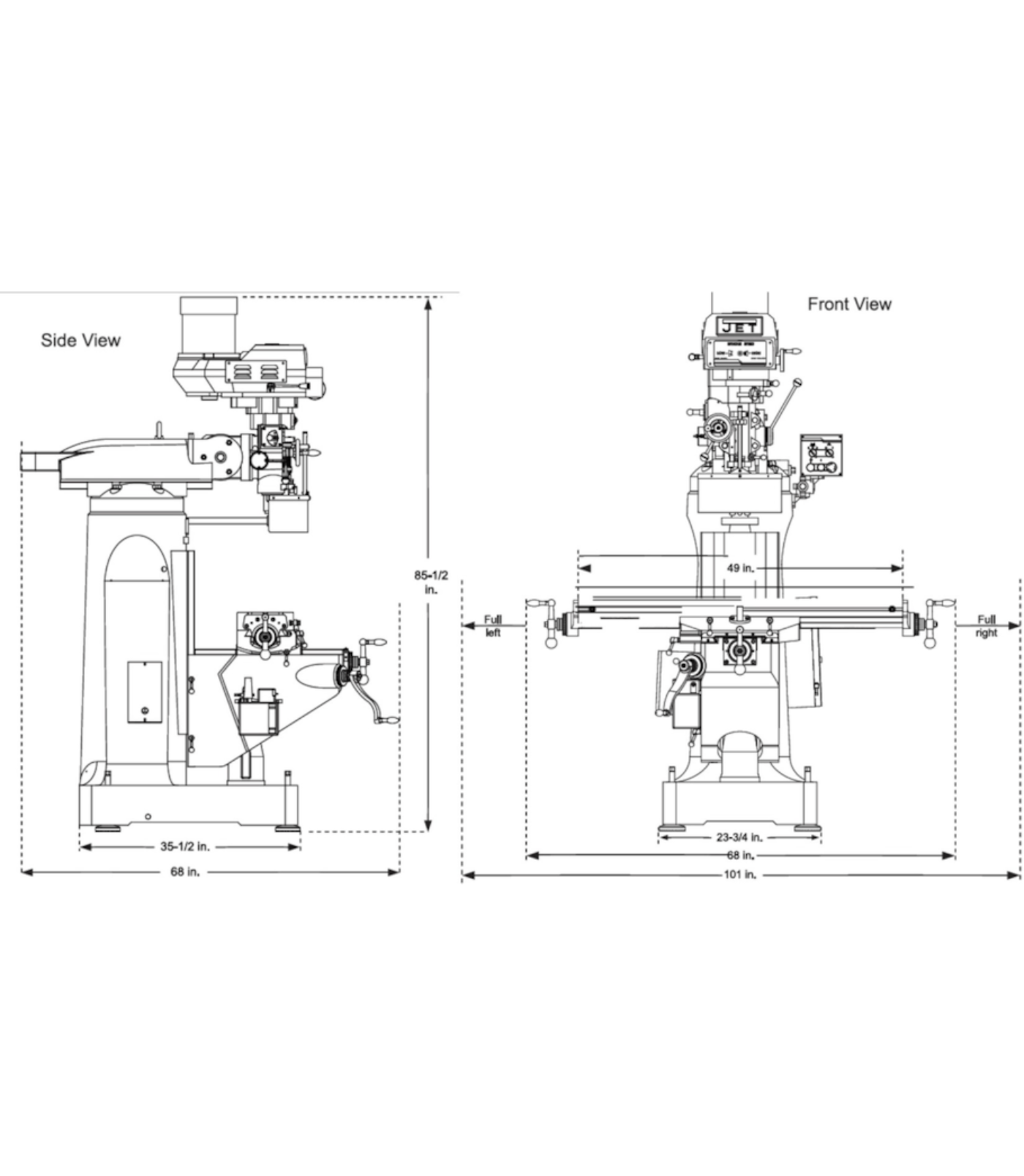JET Elite ETM-949 Mill with X, Y, Z-Axis JET Powerfeeds and USA Made Air Draw Bar - JT9-894108
