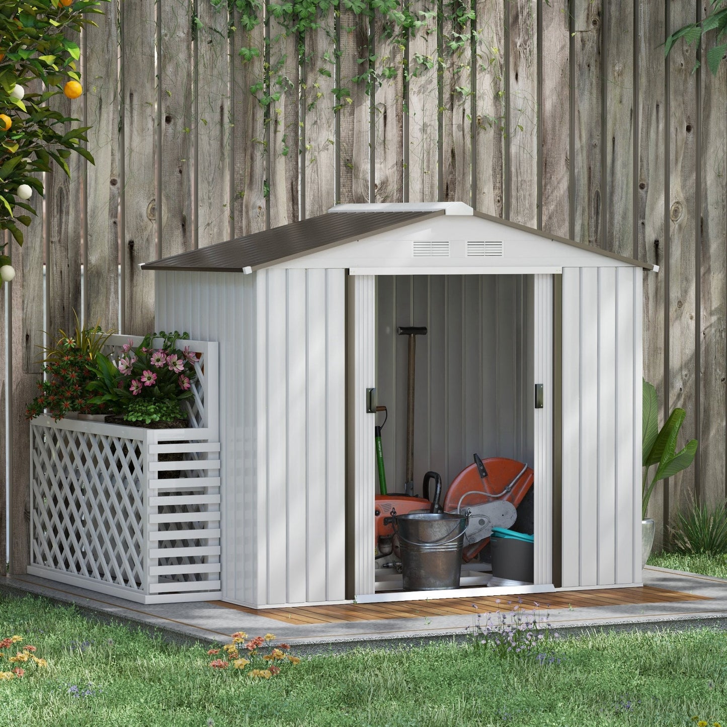 Outsunny EverBase 7' x 4' Outdoor Storage Shed with Foundation Kit, Double Lockable Door & Air Vents, White - 845-030WT