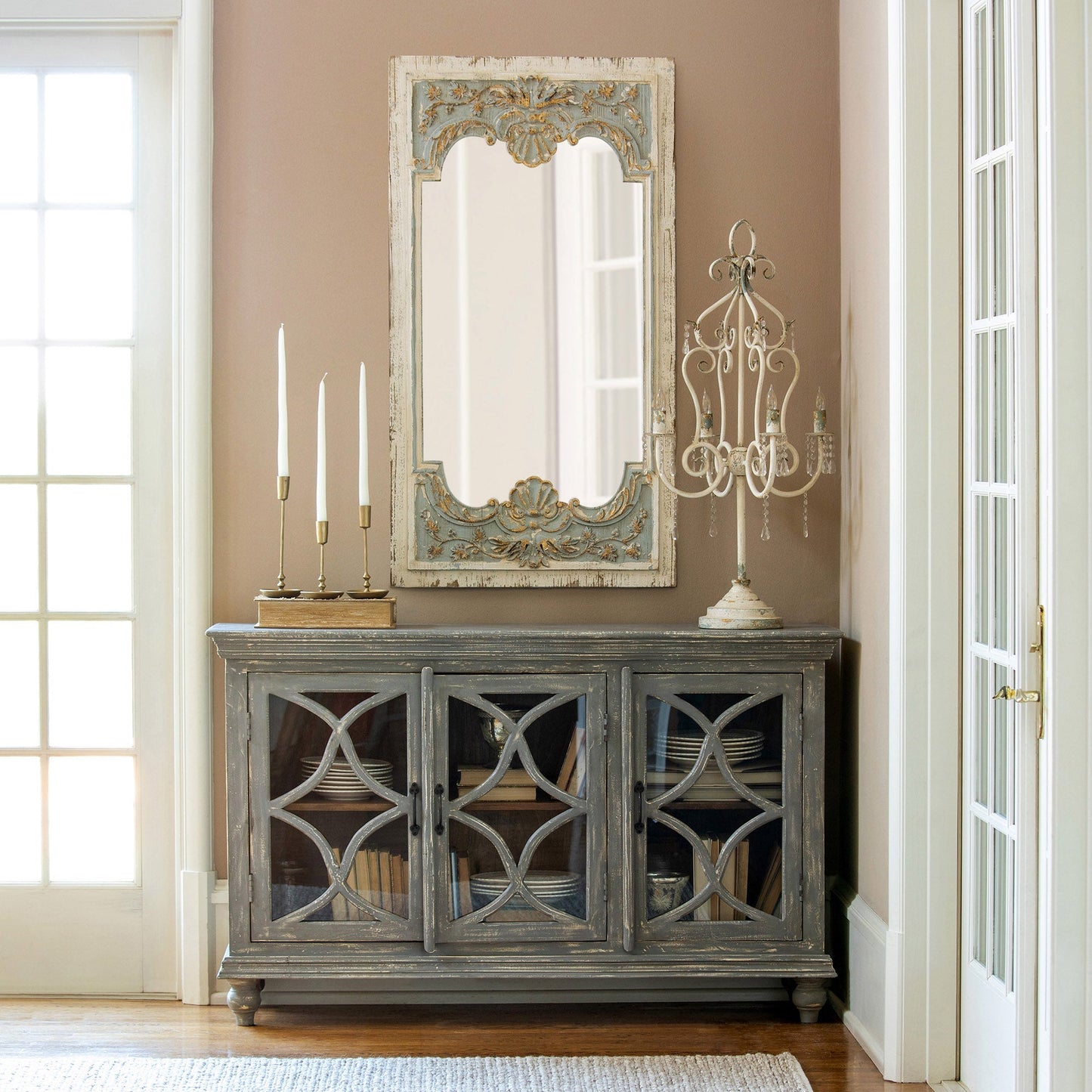 Park Hill Collection Coquille Carved Wood Mirror - Elegant Artisan Horizontal Design in Blue & White, Perfect for Any Room - EWI26158
